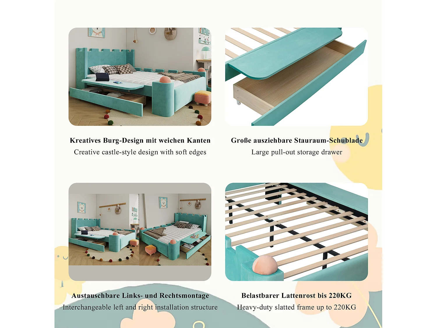 Lit capitonné 140 x 200 cm avec 1 tiroir de rangement et étagère latérale pliable – Velours français – Bleu canard (Sans matelas)