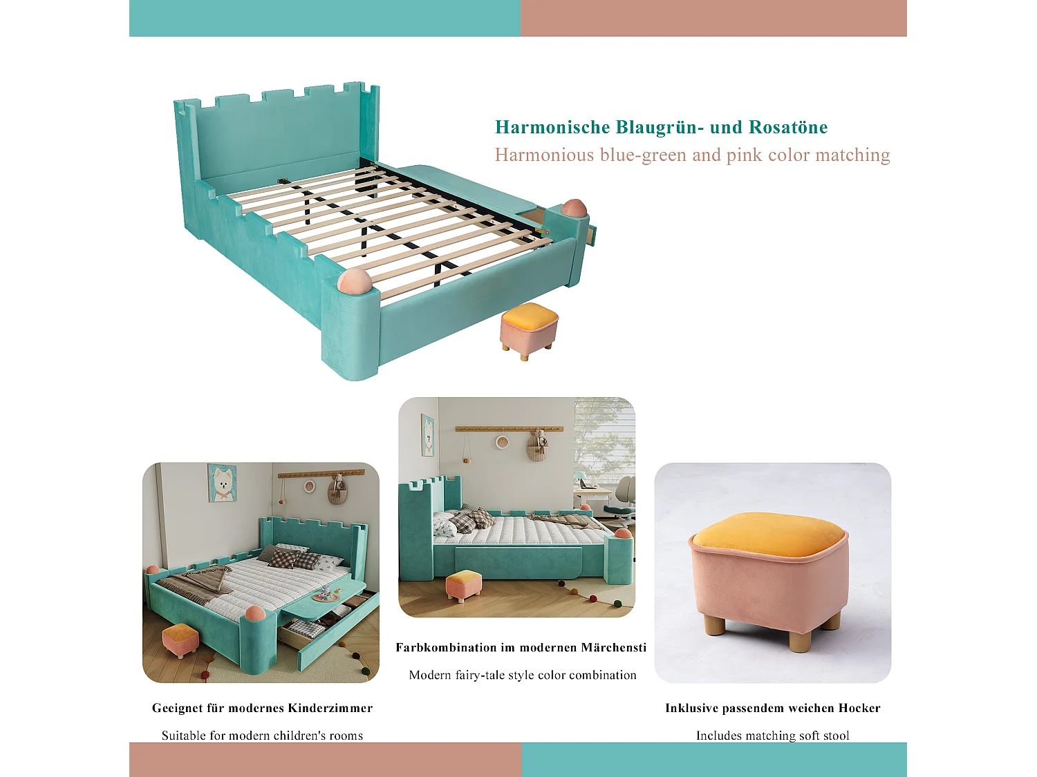 Lit capitonné 140 x 200 cm avec 1 tiroir de rangement et étagère latérale pliable – Velours français – Bleu canard (Sans matelas)