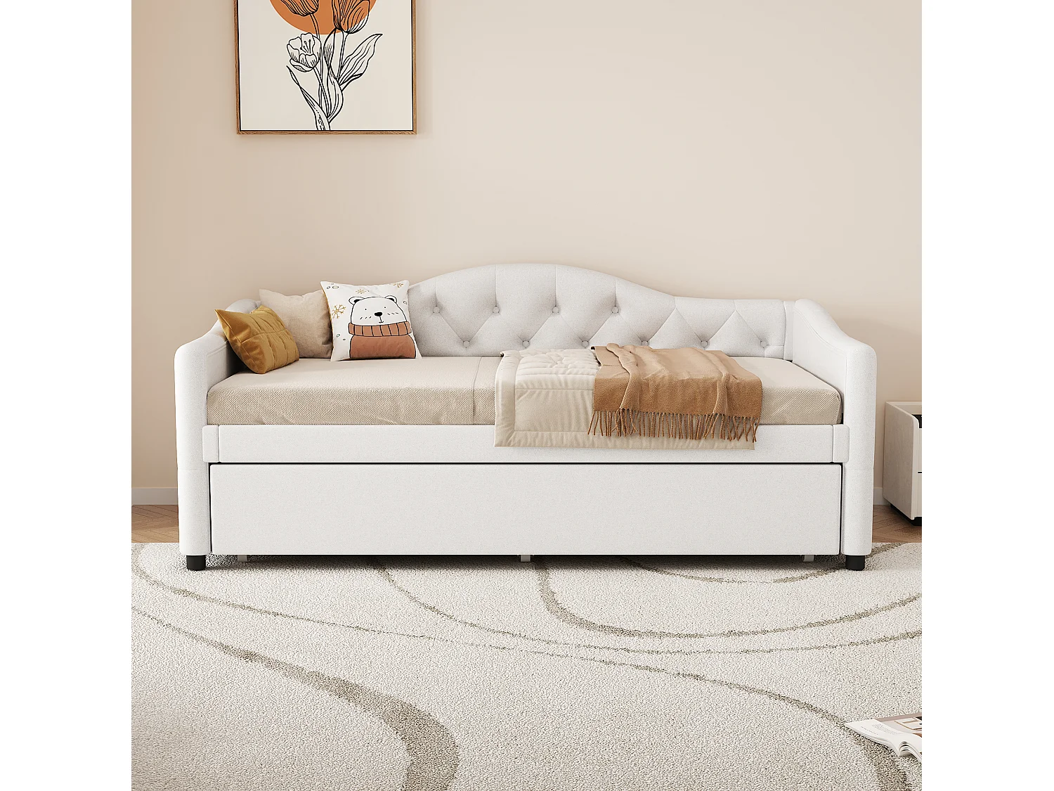 Cama auxiliar 90 x 200 cm com cama extensível 90 x 190 cm - Linho e MDF - 12 ripas - Carga máxima 150 kg - Bege (Colchão não incluído)