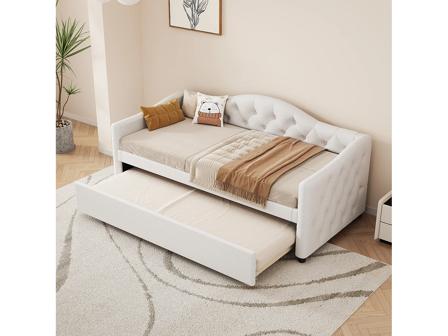 Cama auxiliar 90 x 200 cm com cama extensível 90 x 190 cm - Linho e MDF - 12 ripas - Carga máxima 150 kg - Bege (Colchão não incluído)