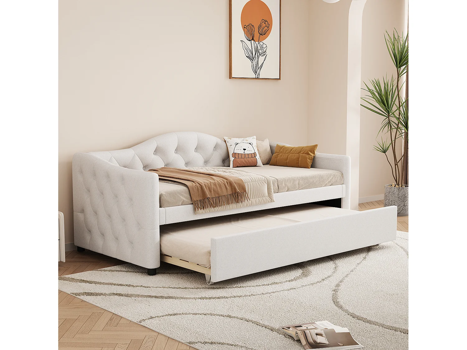 Cama auxiliar 90 x 200 cm com cama extensível 90 x 190 cm - Linho e MDF - 12 ripas - Carga máxima 150 kg - Bege (Colchão não incluído)