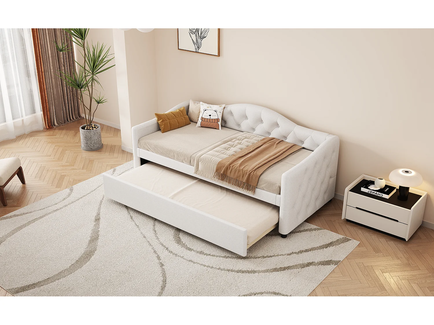 Cama auxiliar 90 x 200 cm com cama extensível 90 x 190 cm - Linho e MDF - 12 ripas - Carga máxima 150 kg - Bege (Colchão não incluído)