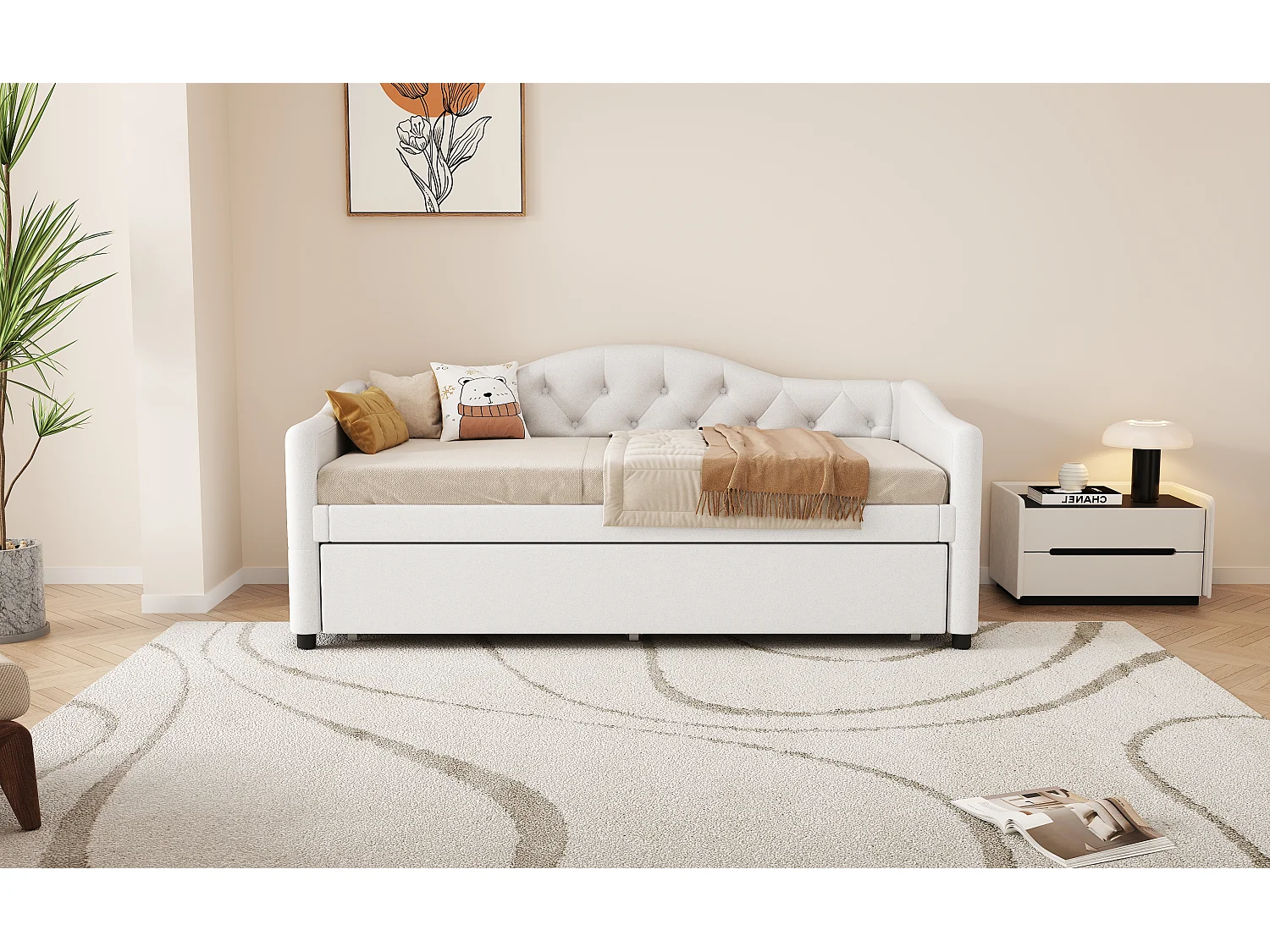 Cama auxiliar 90 x 200 cm com cama extensível 90 x 190 cm - Linho e MDF - 12 ripas - Carga máxima 150 kg - Bege (Colchão não incluído)