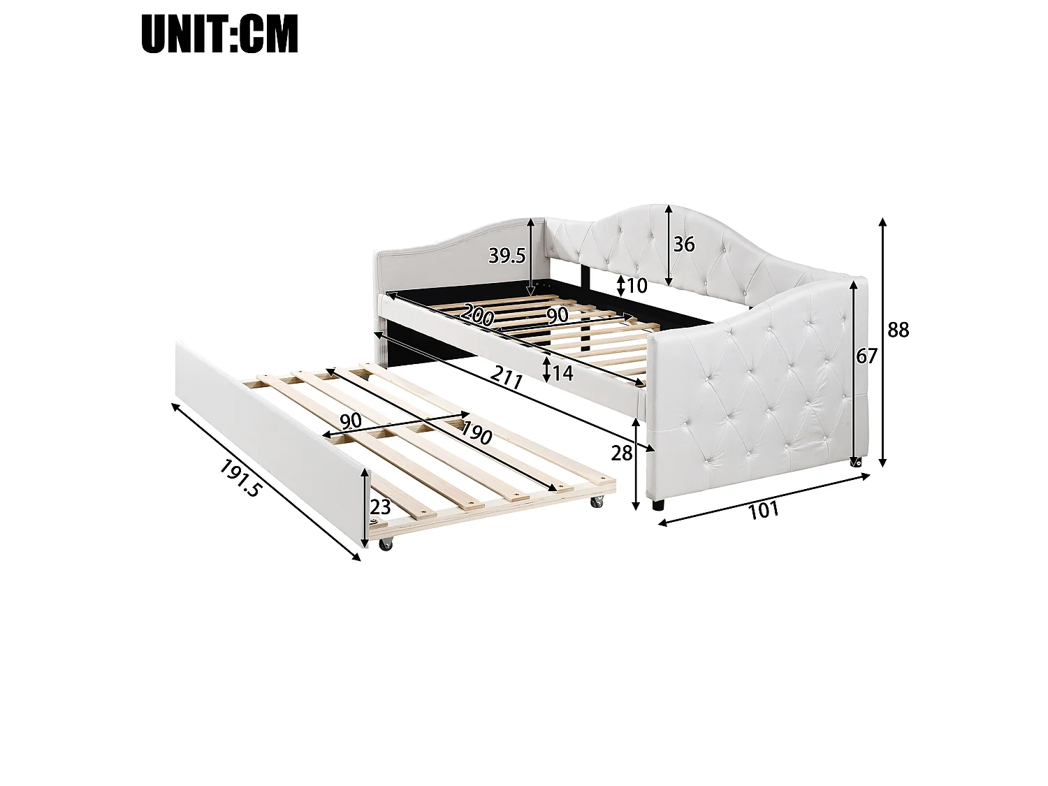 Cama auxiliar 90 x 200 cm com cama extensível 90 x 190 cm - Linho e MDF - 12 ripas - Carga máxima 150 kg - Bege (Colchão não incluído)