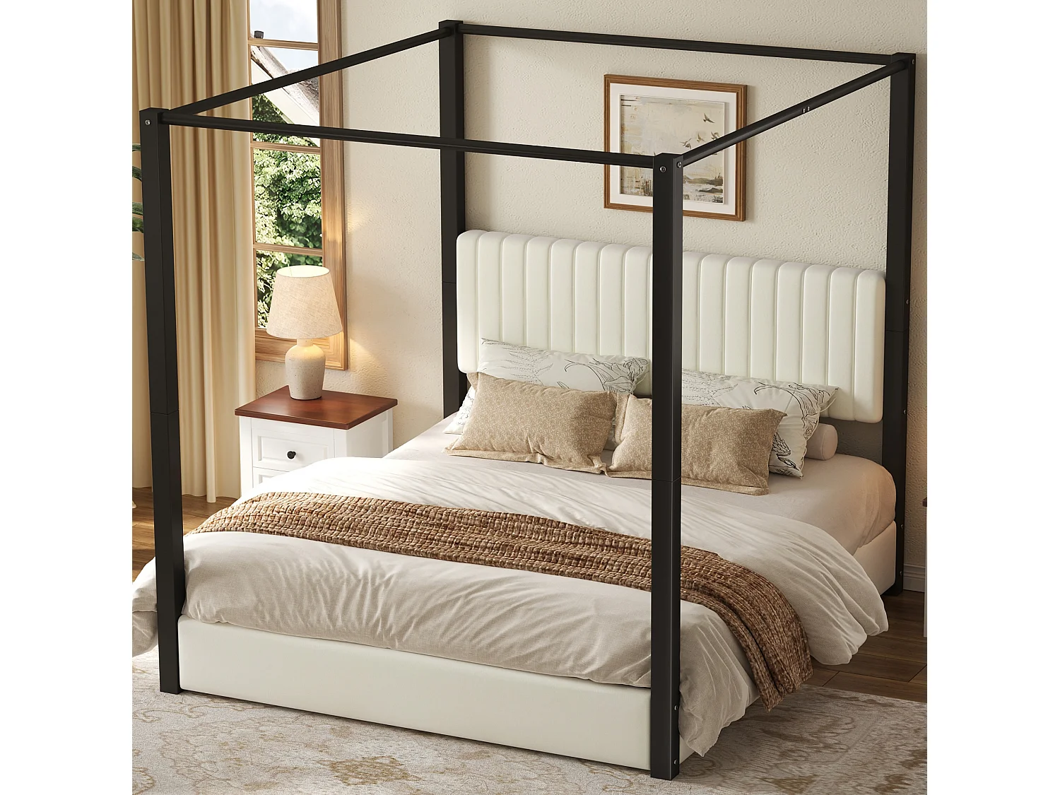 Hemelbed 180 x 200 cm met gestoffeerd hoofdeinde - MDF, metaal en fluweel - Moderne stijl - Beige en zwart (matras niet inbegrepen)