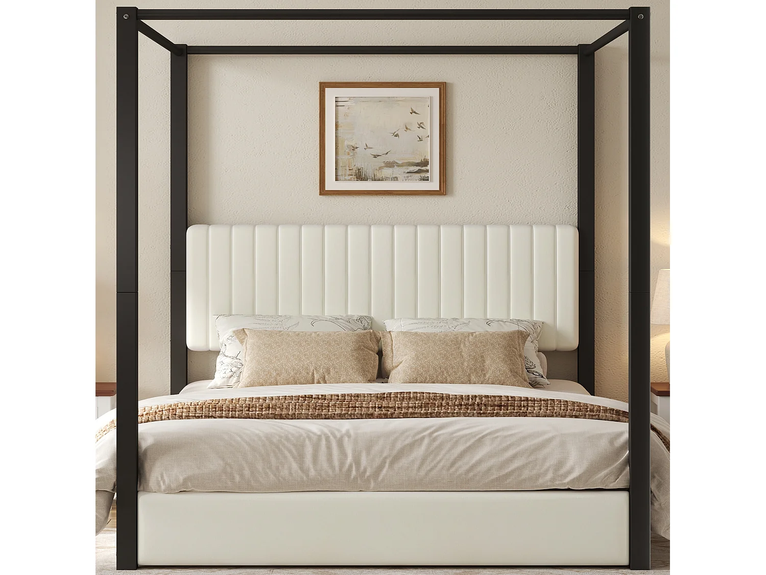 Hemelbed 180 x 200 cm met gestoffeerd hoofdeinde - MDF, metaal en fluweel - Moderne stijl - Beige en zwart (matras niet inbegrepen)
