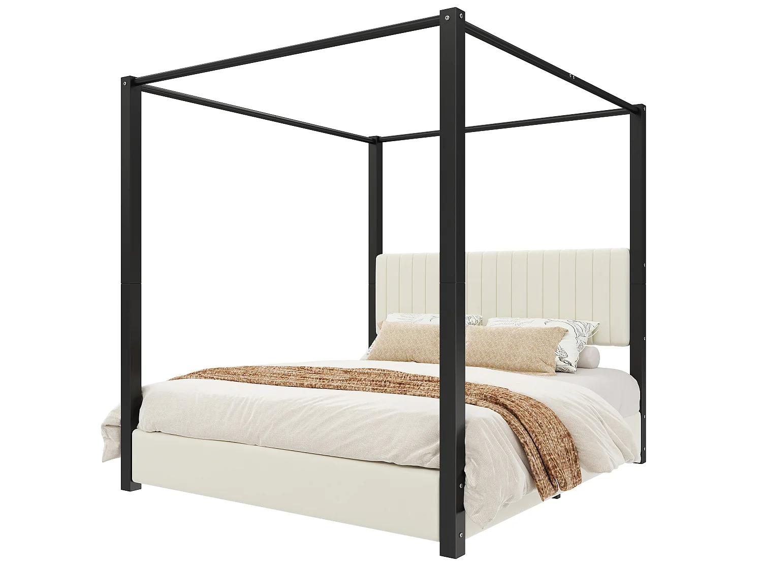 Hemelbed 180 x 200 cm met gestoffeerd hoofdeinde - MDF, metaal en fluweel - Moderne stijl - Beige en zwart (matras niet inbegrepen)