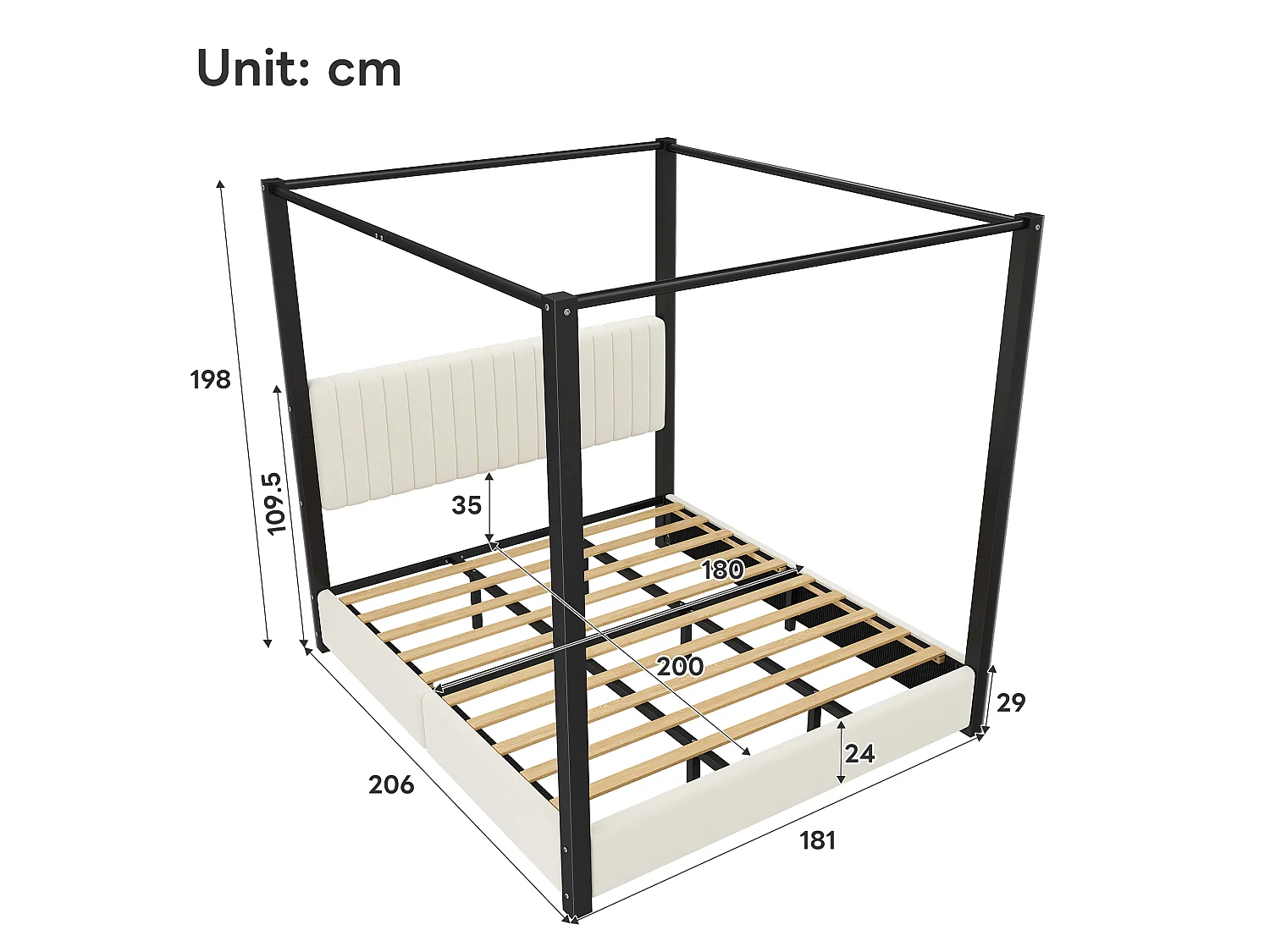 Hemelbed 180 x 200 cm met gestoffeerd hoofdeinde - MDF, metaal en fluweel - Moderne stijl - Beige en zwart (matras niet inbegrepen)