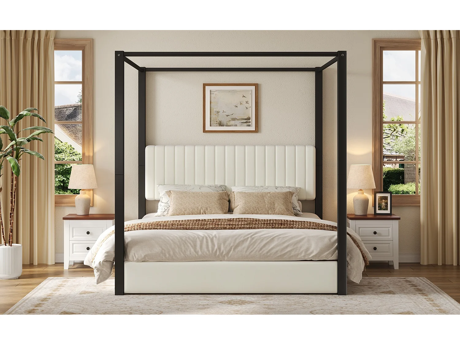 Hemelbed 180 x 200 cm met gestoffeerd hoofdeinde - MDF, metaal en fluweel - Moderne stijl - Beige en zwart (matras niet inbegrepen)