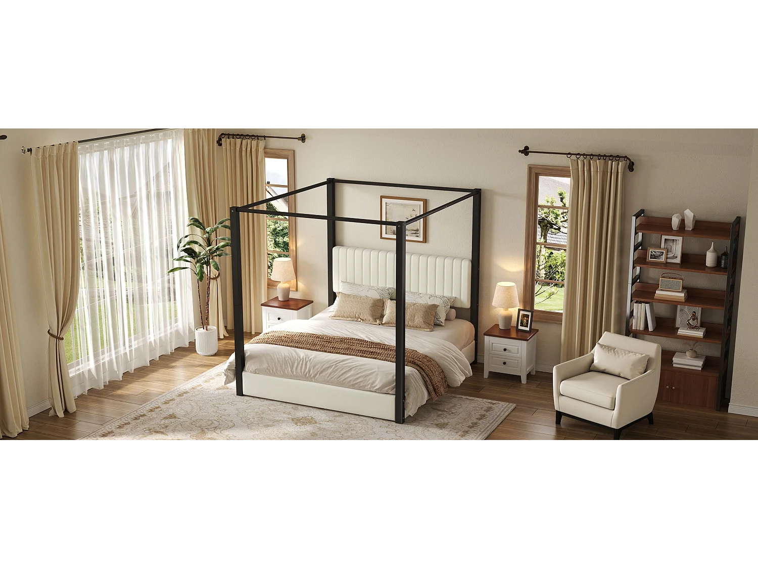 Hemelbed 180 x 200 cm met gestoffeerd hoofdeinde - MDF, metaal en fluweel - Moderne stijl - Beige en zwart (matras niet inbegrepen)