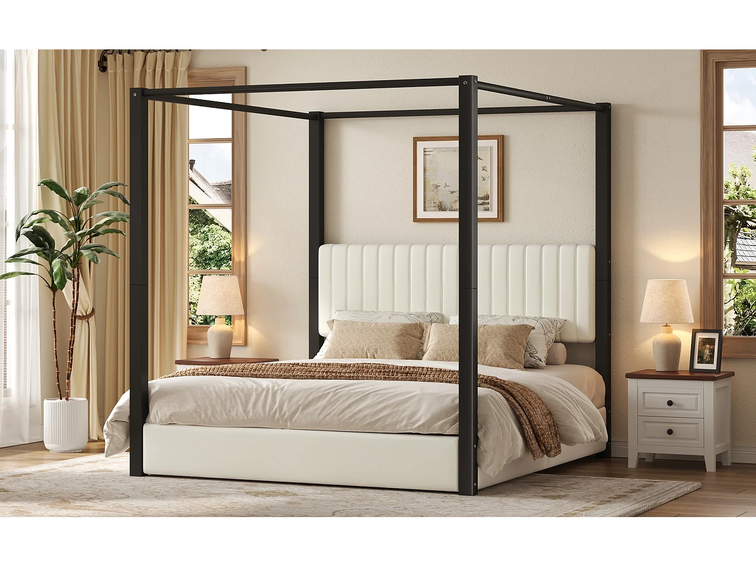 Hemelbed 180 x 200 cm met gestoffeerd hoofdeinde - MDF, metaal en fluweel - Moderne stijl - Beige en zwart (matras niet inbegrepen)
