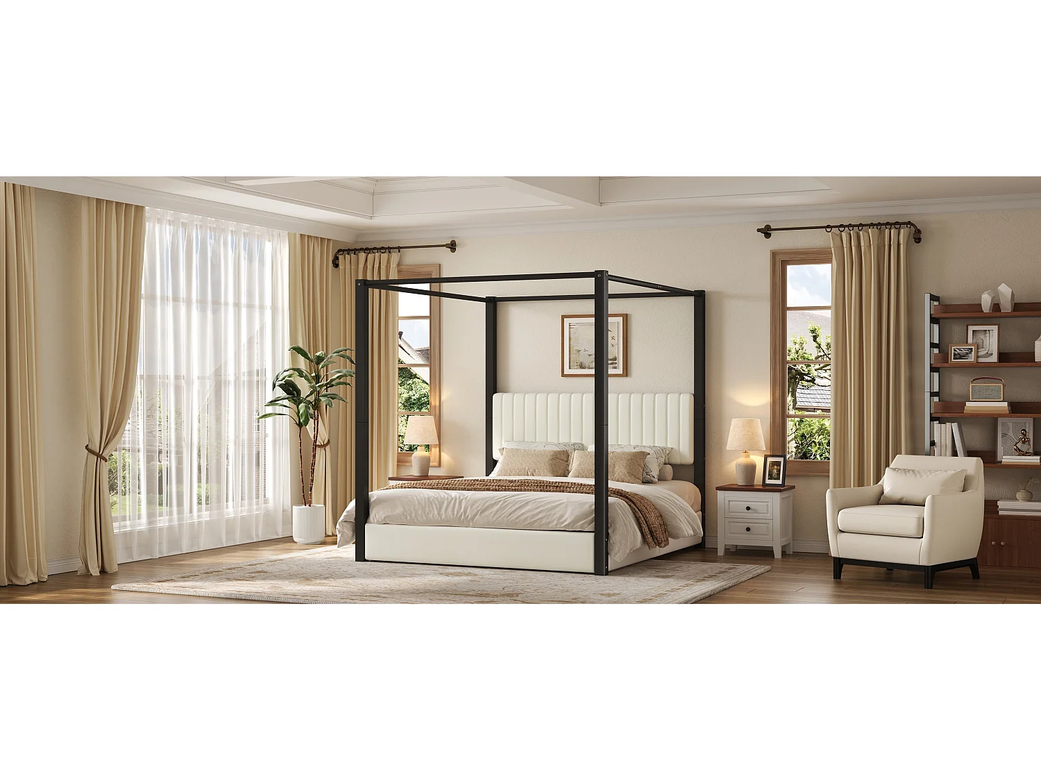 Hemelbed 180 x 200 cm met gestoffeerd hoofdeinde - MDF, metaal en fluweel - Moderne stijl - Beige en zwart (matras niet inbegrepen)