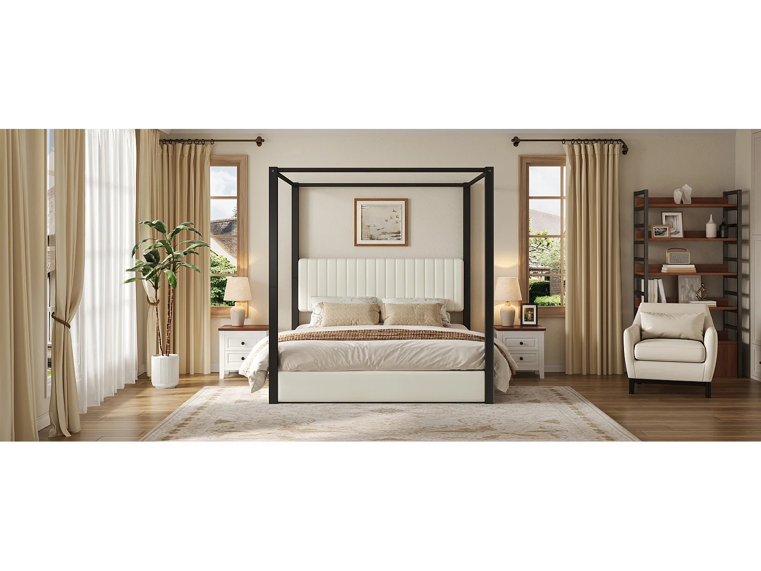 Hemelbed 180 x 200 cm met gestoffeerd hoofdeinde - MDF, metaal en fluweel - Moderne stijl - Beige en zwart (matras niet inbegrepen)