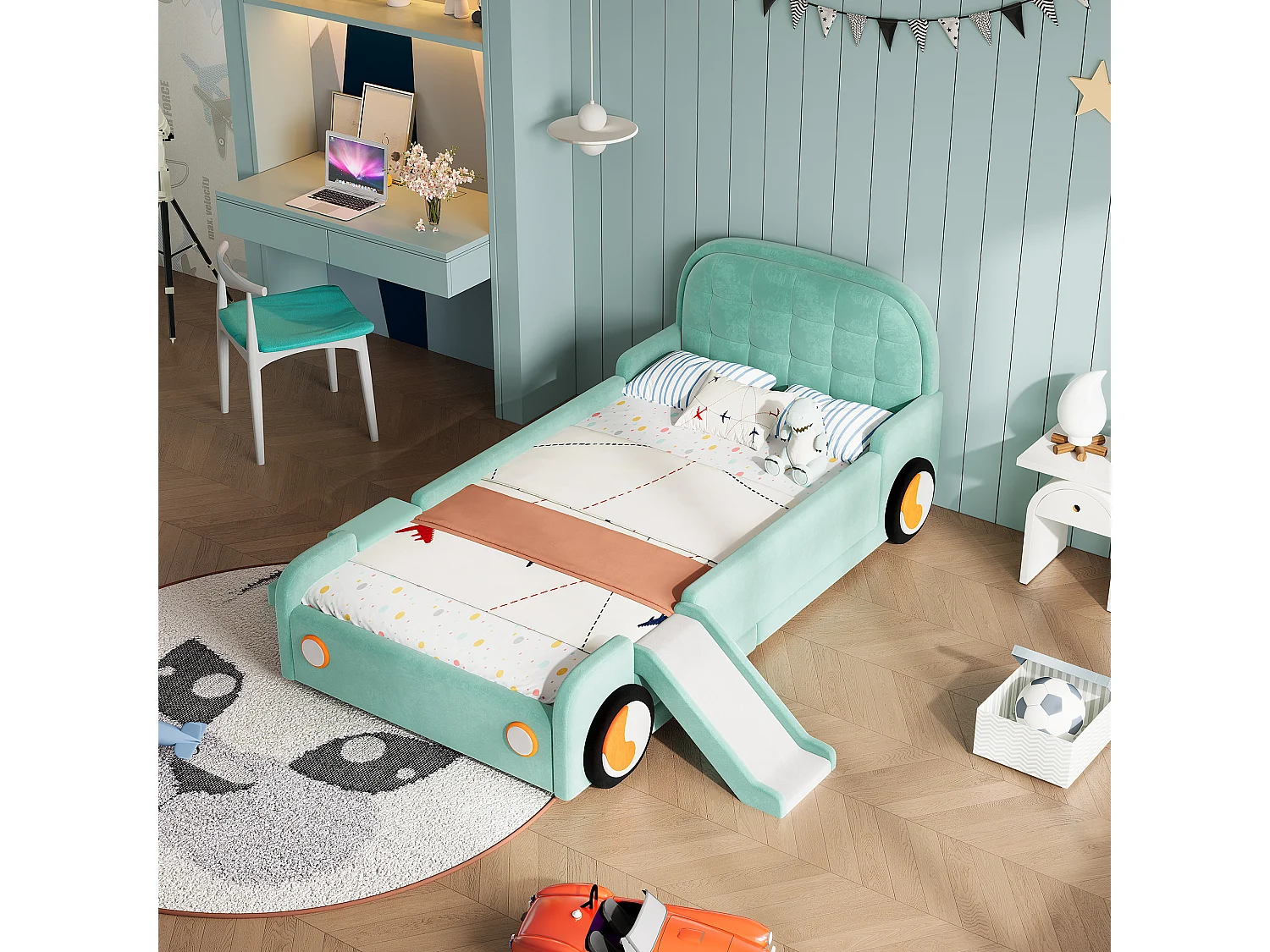 Lit enfant voiture 90 x 200 cm avec toboggan et escalier réversibles – Velours – Bleu canard (Sans matelas)