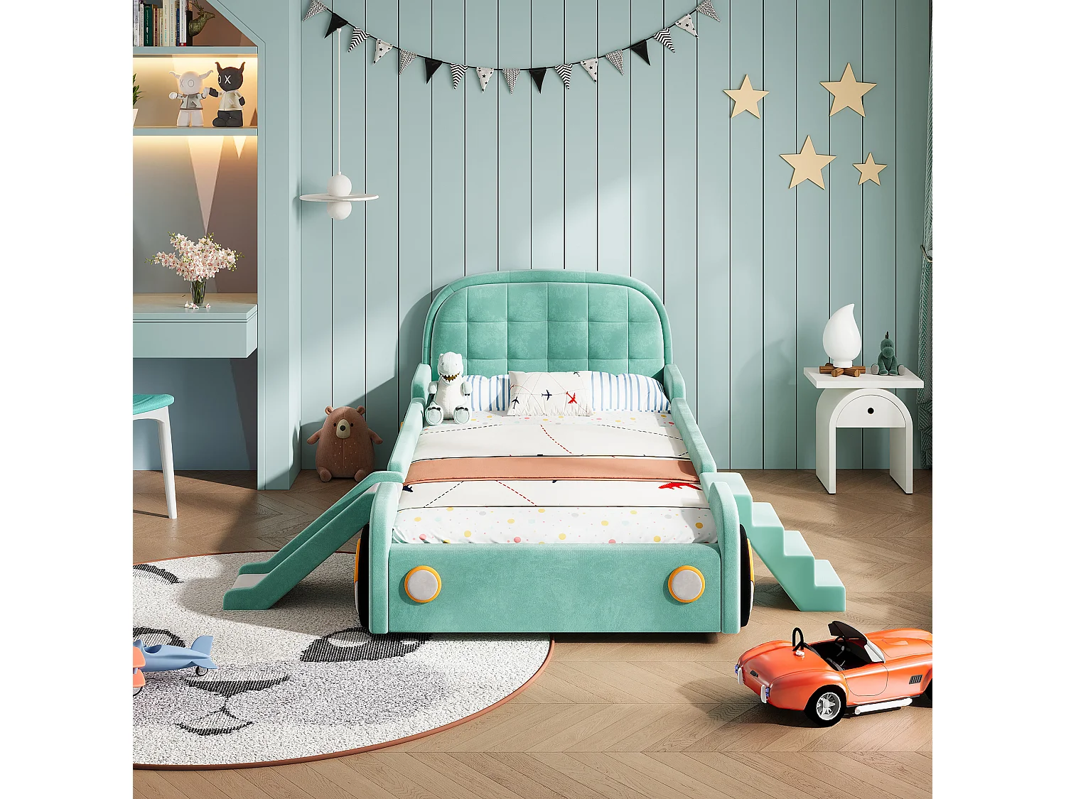 Lit enfant voiture 90 x 200 cm avec toboggan et escalier réversibles – Velours – Bleu canard (Sans matelas)