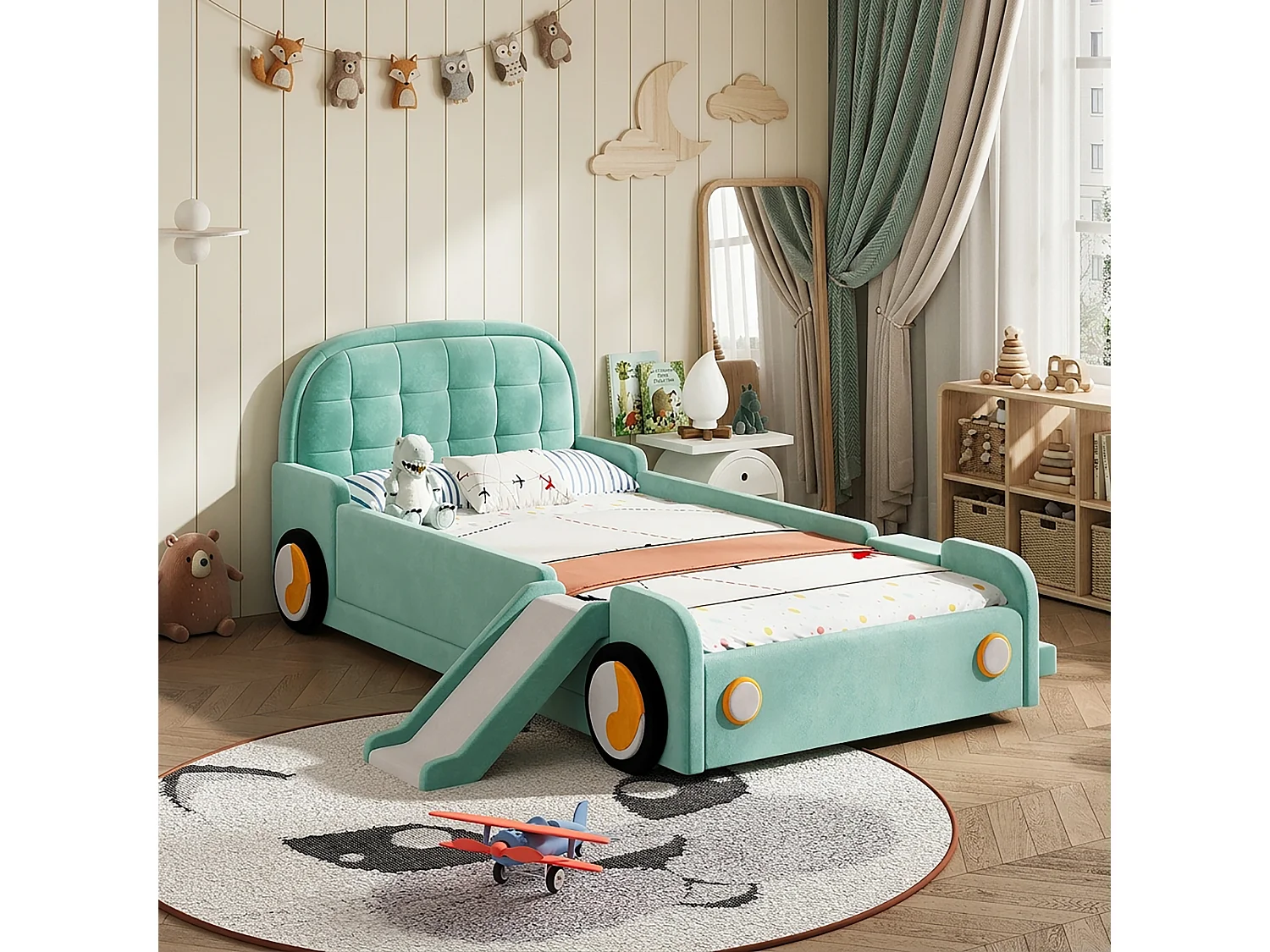 Lit enfant voiture 90 x 200 cm avec toboggan et escalier réversibles – Velours – Bleu canard (Sans matelas)