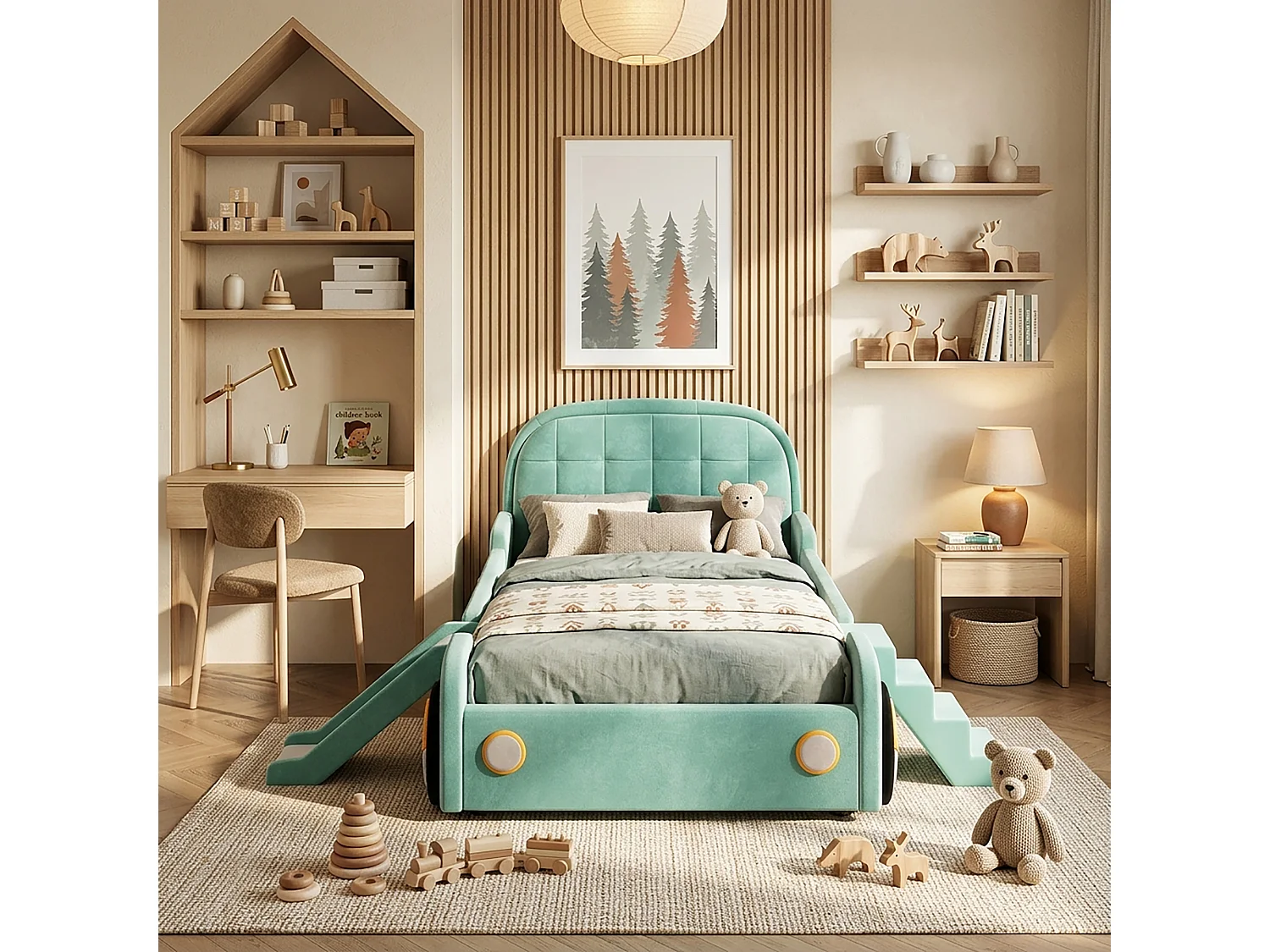Lit enfant voiture 90 x 200 cm avec toboggan et escalier réversibles – Velours – Bleu canard (Sans matelas)