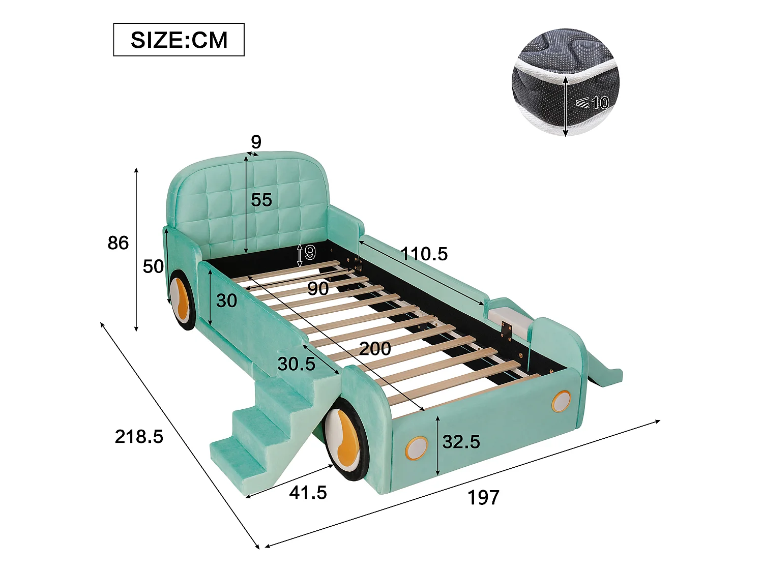 Lit enfant voiture 90 x 200 cm avec toboggan et escalier réversibles – Velours – Bleu canard (Sans matelas)