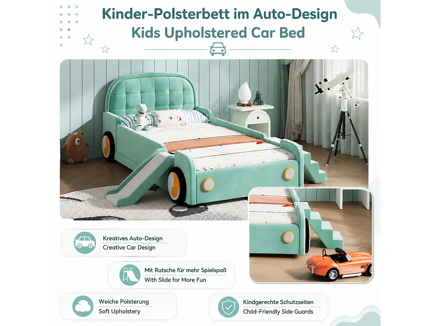 Lit enfant voiture 90 x 200 cm avec toboggan et escalier réversibles – Velours – Bleu canard (Sans matelas)