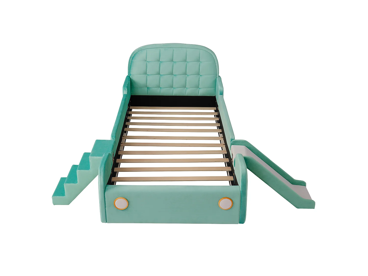 Lit enfant voiture 90 x 200 cm avec toboggan et escalier réversibles – Velours – Bleu canard (Sans matelas)
