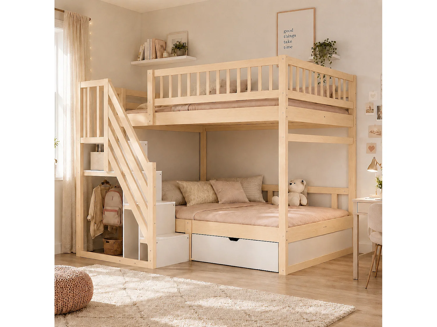 Bunk bed 2 x 140 x 200 cm with storage stairs, drawer and guardrails – Pine/MDF – Wood look (Mattress not included)