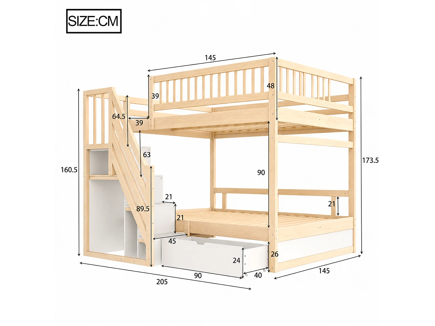 Bunk bed 2 x 140 x 200 cm with storage stairs, drawer and guardrails – Pine/MDF – Wood look (Mattress not included)