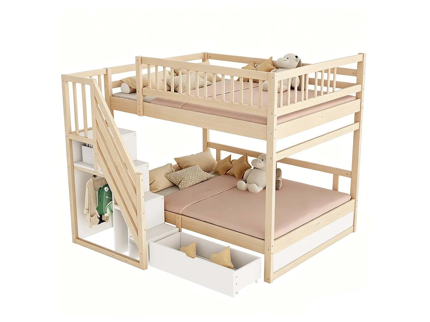 Bunk bed 2 x 140 x 200 cm with storage stairs, drawer and guardrails – Pine/MDF – Wood look (Mattress not included)