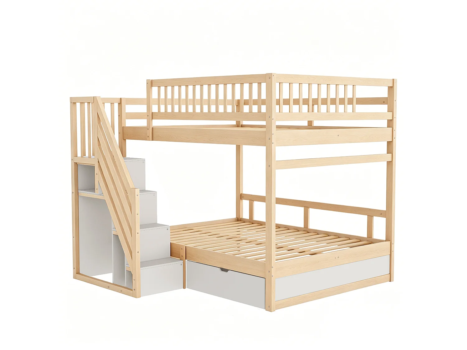 Bunk bed 2 x 140 x 200 cm with storage stairs, drawer and guardrails – Pine/MDF – Wood look (Mattress not included)