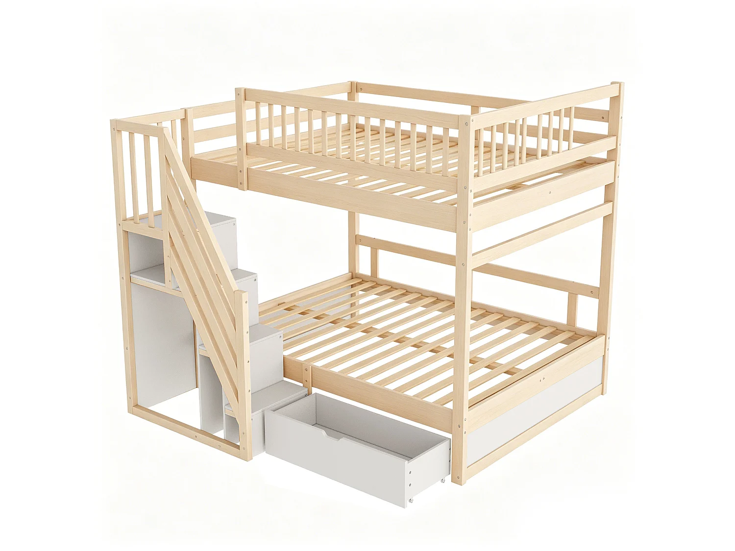 Bunk bed 2 x 140 x 200 cm with storage stairs, drawer and guardrails – Pine/MDF – Wood look (Mattress not included)