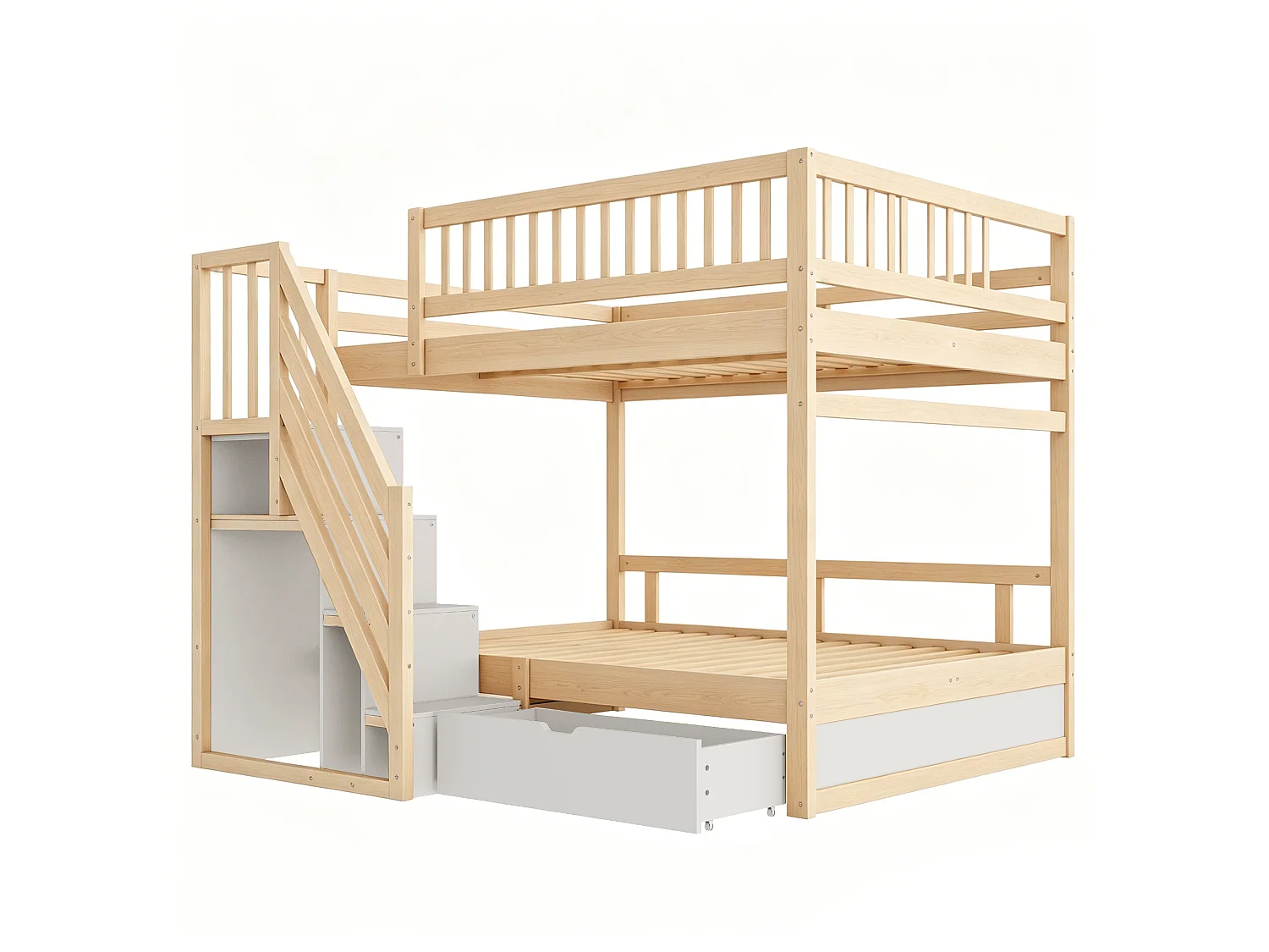 Bunk bed 2 x 140 x 200 cm with storage stairs, drawer and guardrails – Pine/MDF – Wood look (Mattress not included)
