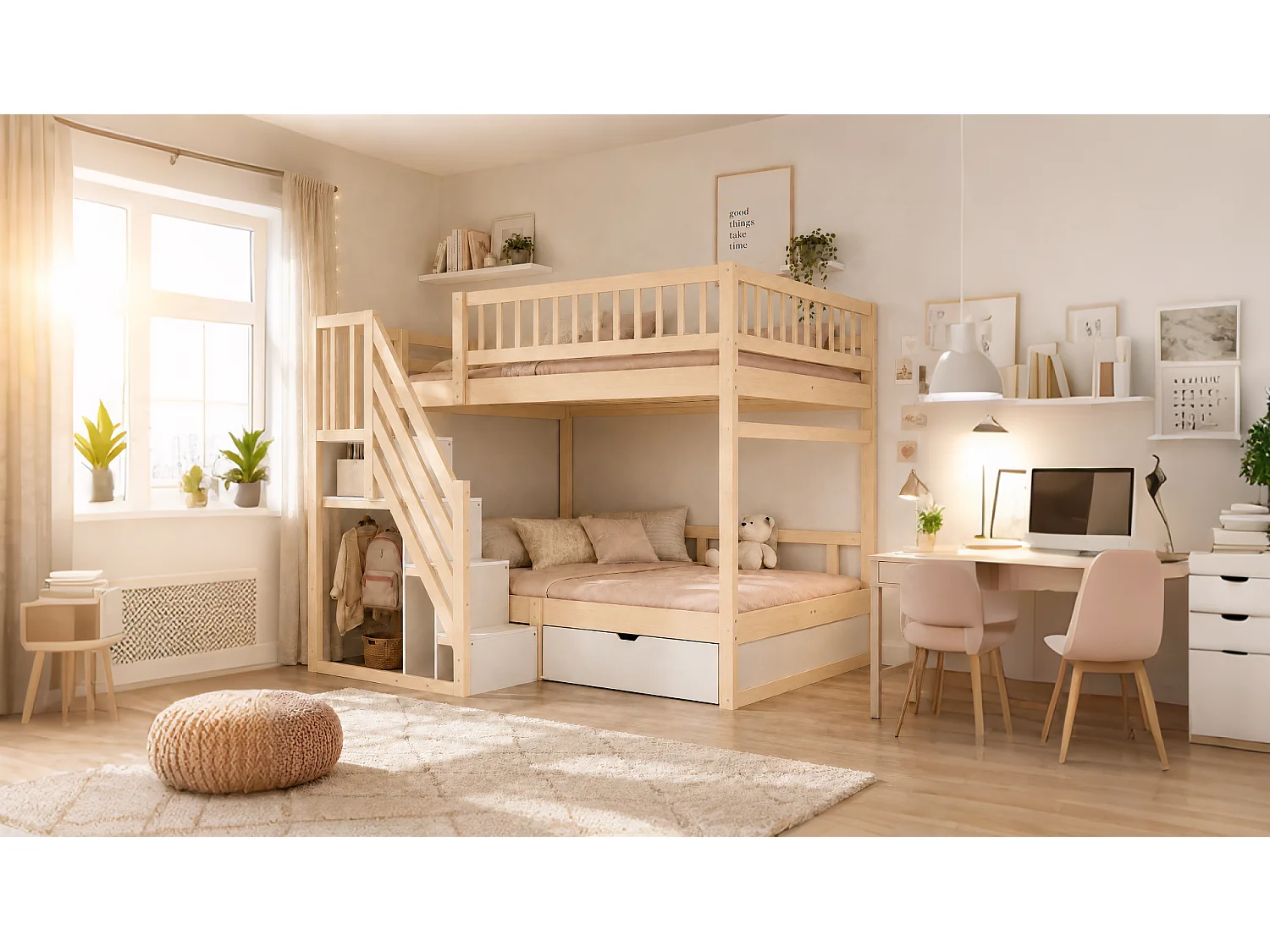 Bunk bed 2 x 140 x 200 cm with storage stairs, drawer and guardrails – Pine/MDF – Wood look (Mattress not included)