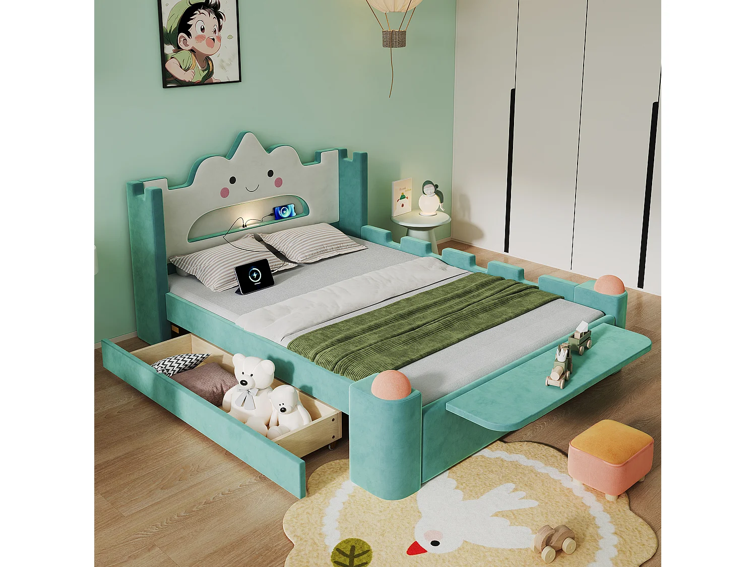 Gepolstertes Bett 140 x 200 cm mit 1 wendbarer Schublade, Leselampe, USB-Anschluss, Klappregal - Samt - Entenblau (Matratze nicht im Lieferumfang enthalten)
