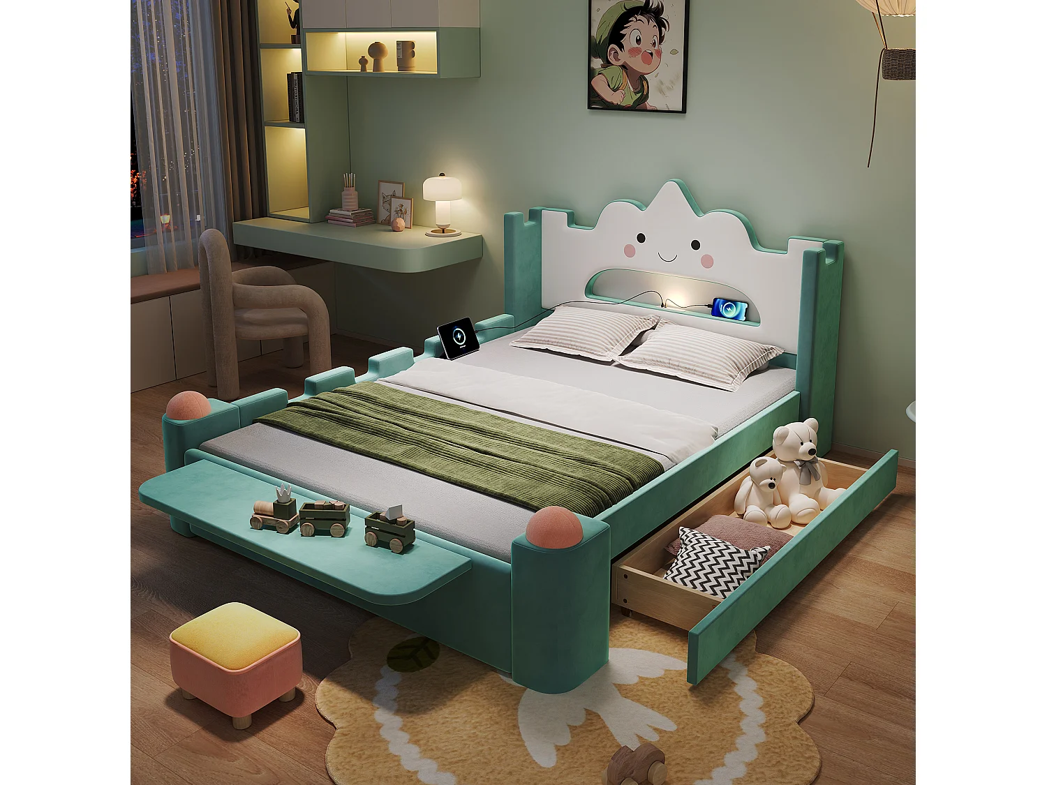 Gepolstertes Bett 140 x 200 cm mit 1 wendbarer Schublade, Leselampe, USB-Anschluss, Klappregal - Samt - Entenblau (Matratze nicht im Lieferumfang enthalten)