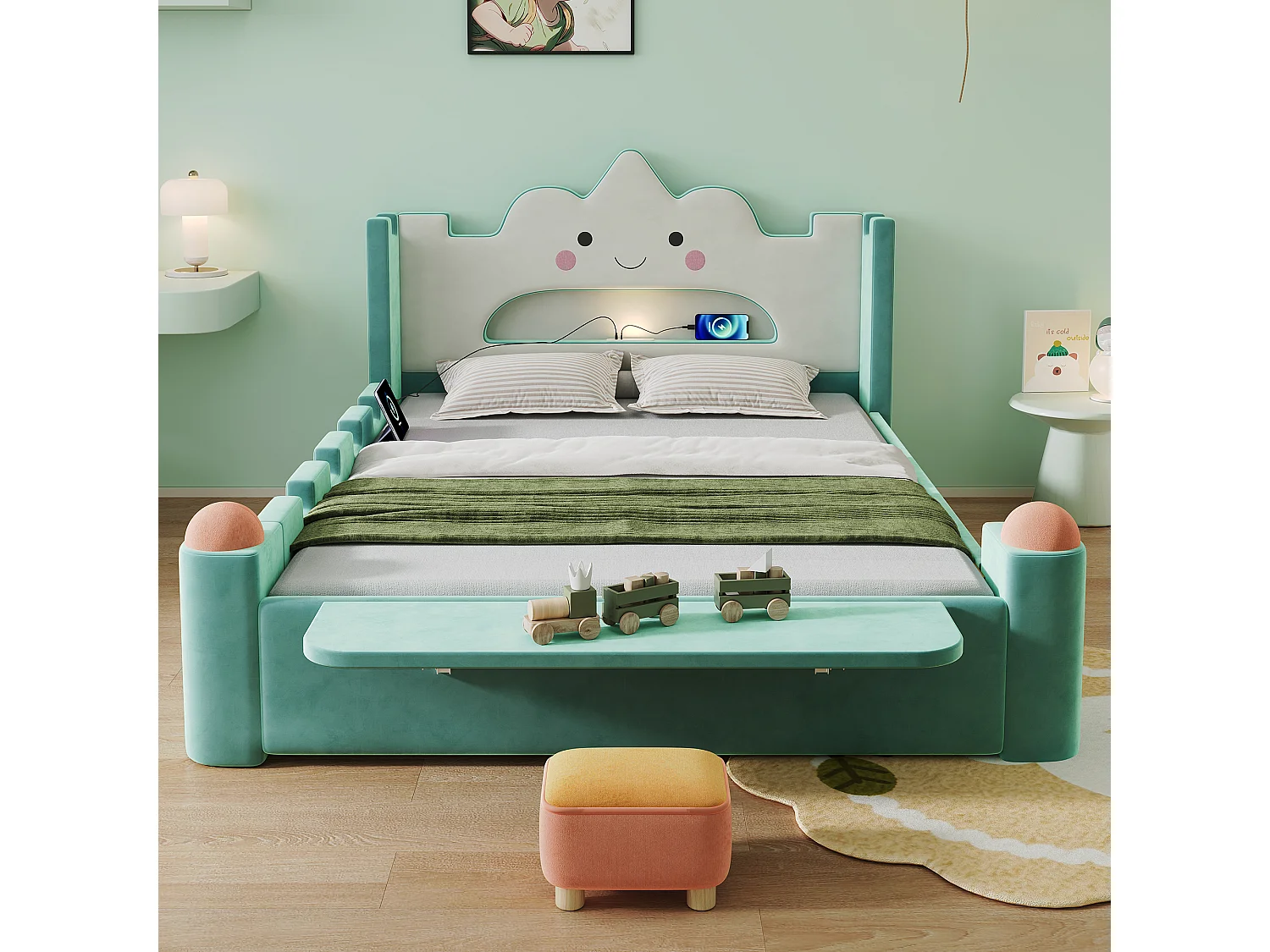 Gepolstertes Bett 140 x 200 cm mit 1 wendbarer Schublade, Leselampe, USB-Anschluss, Klappregal - Samt - Entenblau (Matratze nicht im Lieferumfang enthalten)
