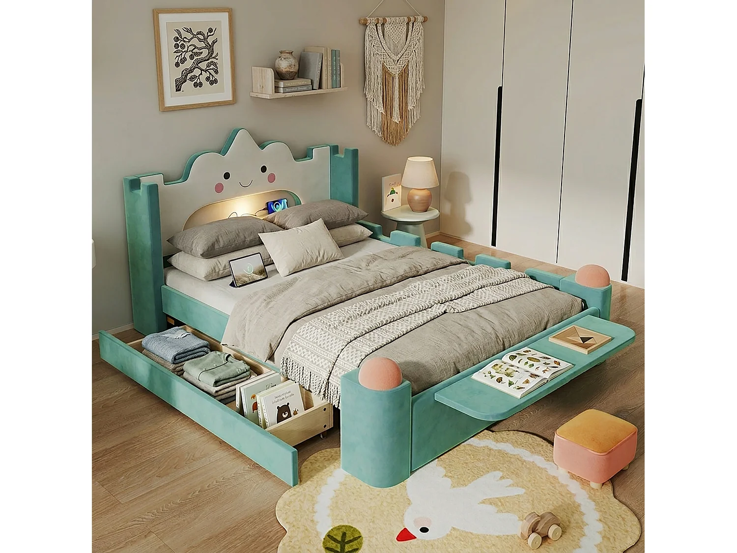 Gepolstertes Bett 140 x 200 cm mit 1 wendbarer Schublade, Leselampe, USB-Anschluss, Klappregal - Samt - Entenblau (Matratze nicht im Lieferumfang enthalten)