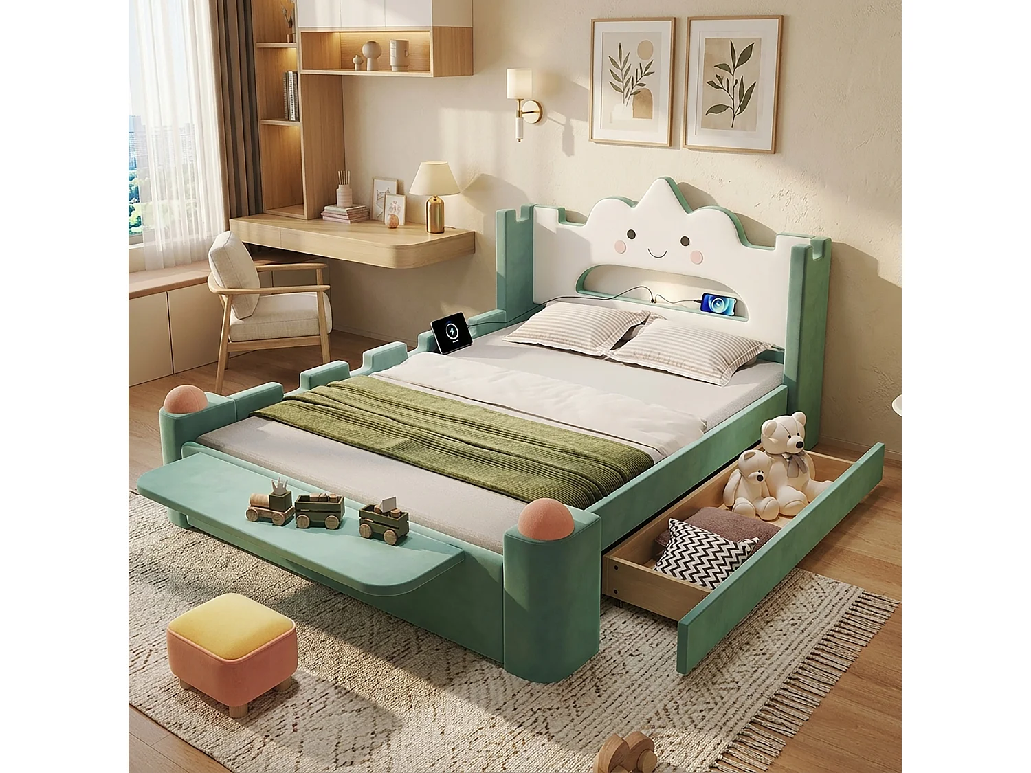 Gepolstertes Bett 140 x 200 cm mit 1 wendbarer Schublade, Leselampe, USB-Anschluss, Klappregal - Samt - Entenblau (Matratze nicht im Lieferumfang enthalten)