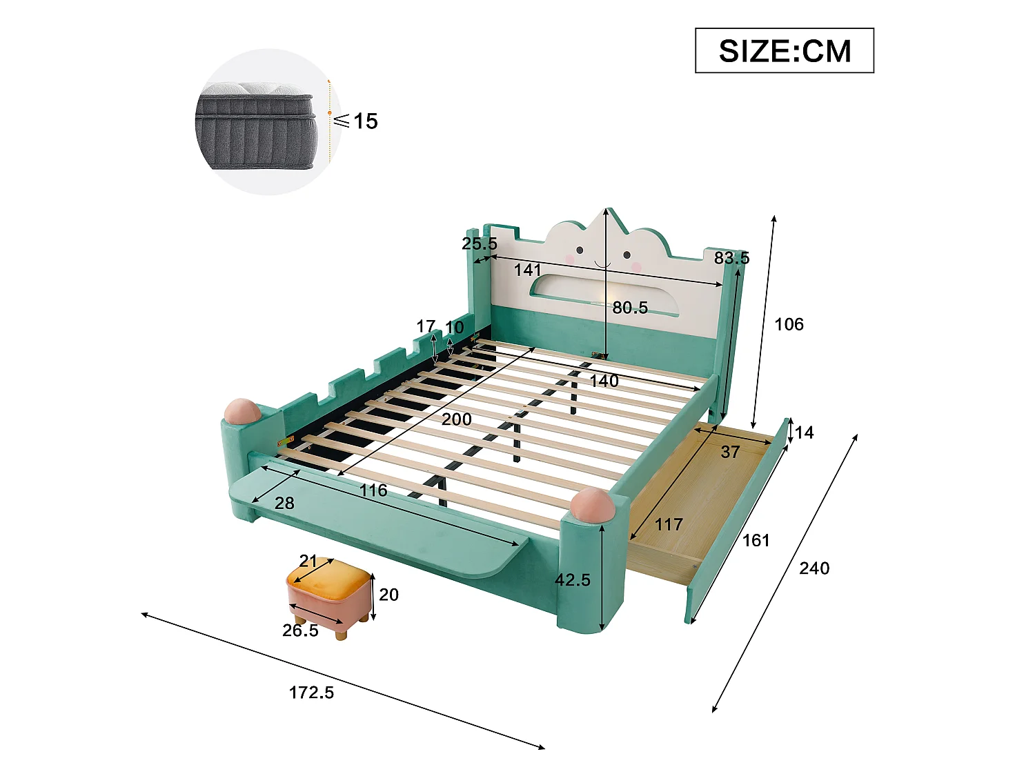 Gepolstertes Bett 140 x 200 cm mit 1 wendbarer Schublade, Leselampe, USB-Anschluss, Klappregal - Samt - Entenblau (Matratze nicht im Lieferumfang enthalten)