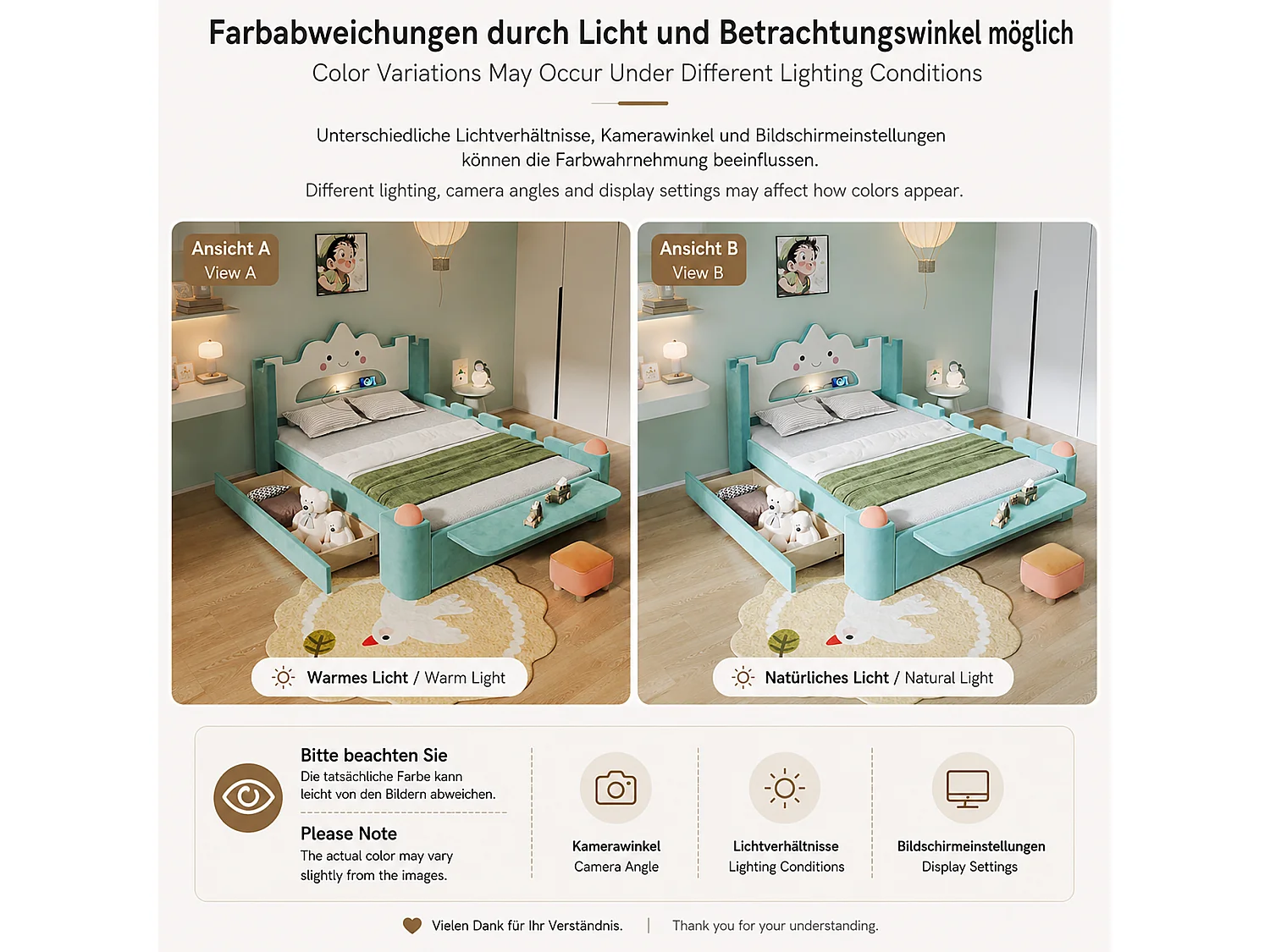 Gepolstertes Bett 140 x 200 cm mit 1 wendbarer Schublade, Leselampe, USB-Anschluss, Klappregal - Samt - Entenblau (Matratze nicht im Lieferumfang enthalten)