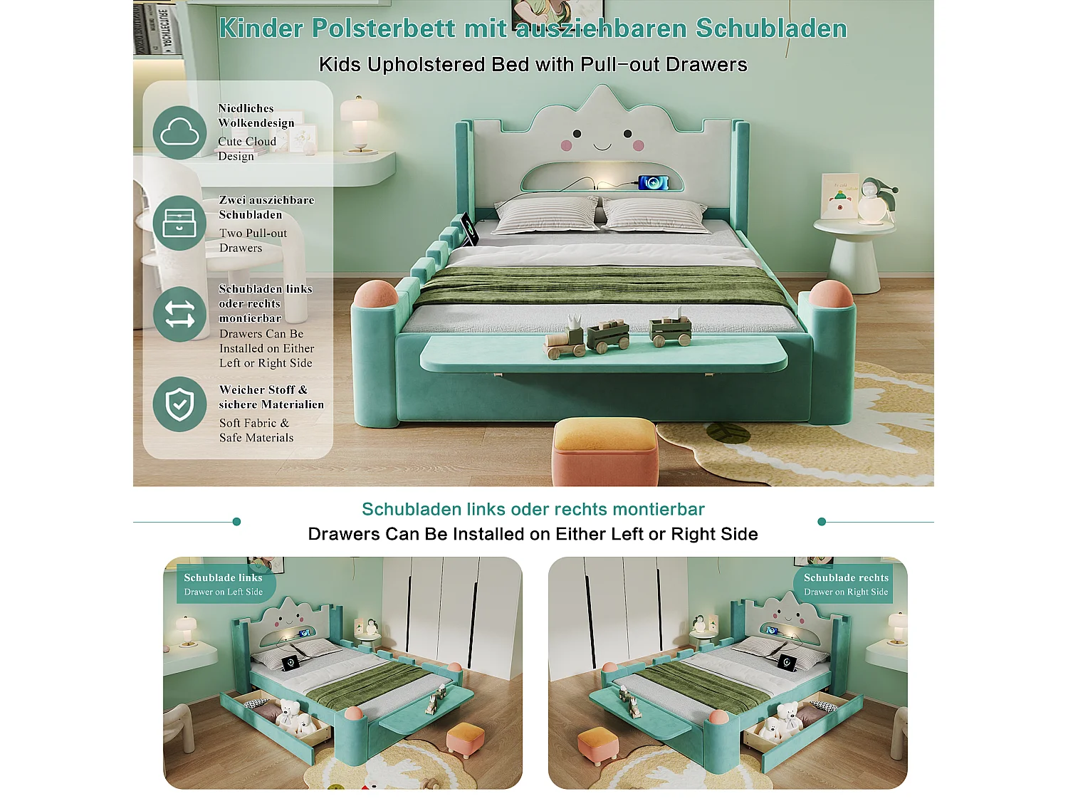 Gepolstertes Bett 140 x 200 cm mit 1 wendbarer Schublade, Leselampe, USB-Anschluss, Klappregal - Samt - Entenblau (Matratze nicht im Lieferumfang enthalten)