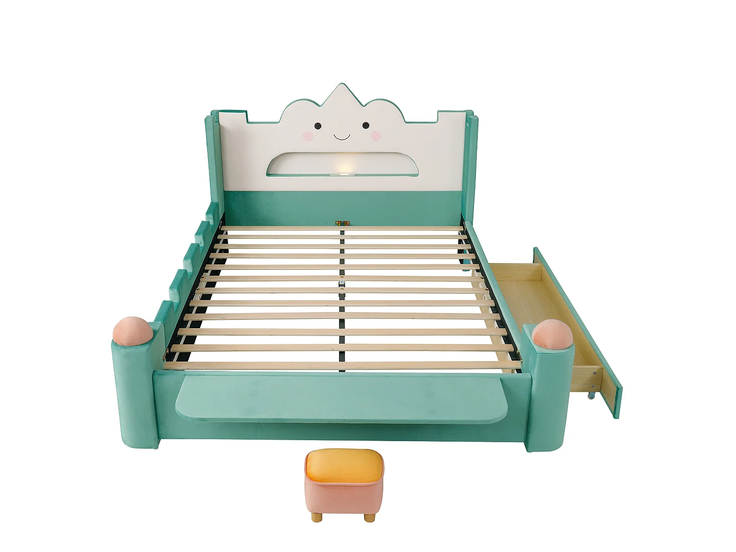 Gepolstertes Bett 140 x 200 cm mit 1 wendbarer Schublade, Leselampe, USB-Anschluss, Klappregal - Samt - Entenblau (Matratze nicht im Lieferumfang enthalten)