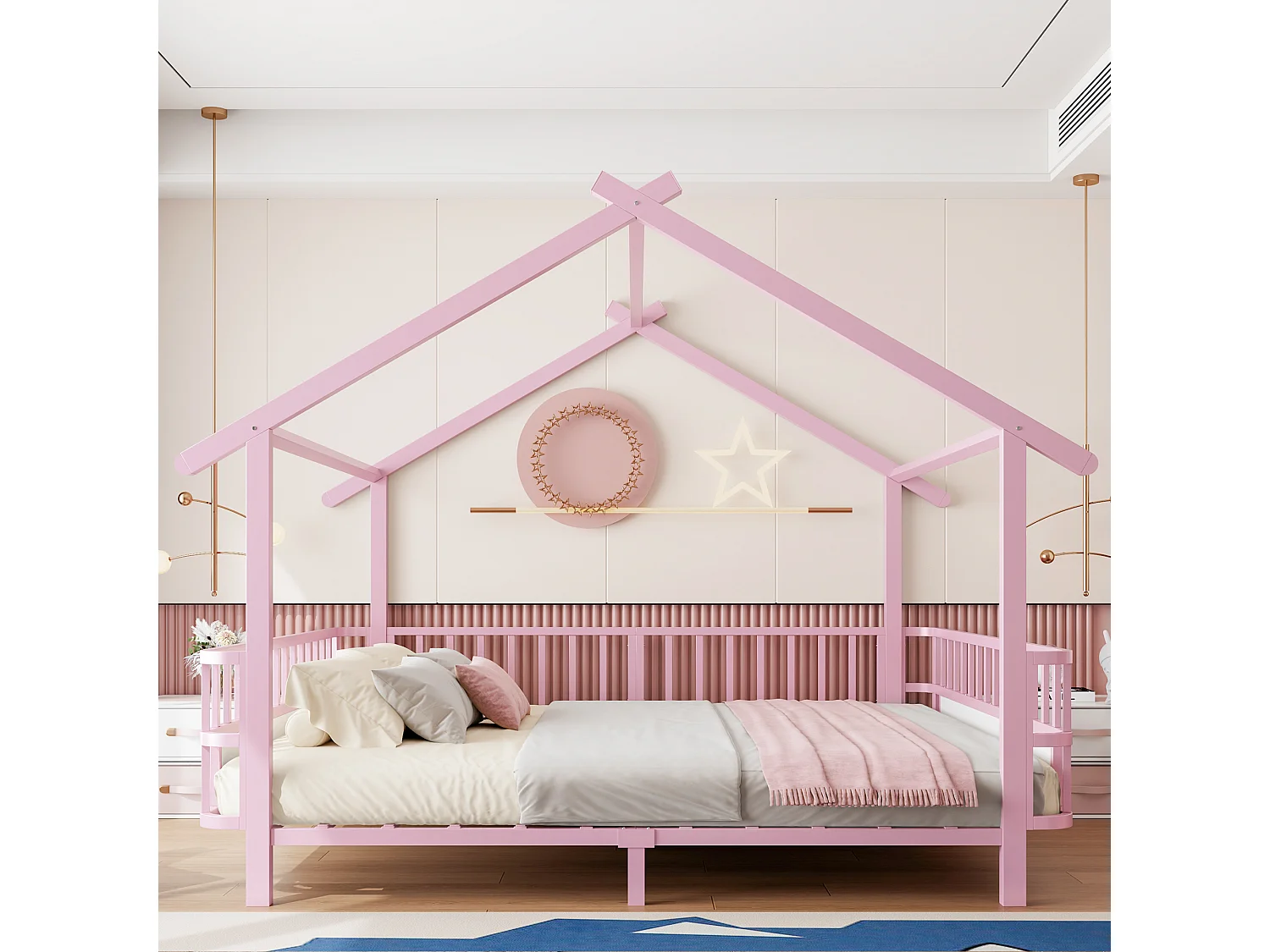 Lit cabane enfant 140 x 200 cm avec barrières de sécurité – Structure métal personnalisable – Rose (Sans matelas)