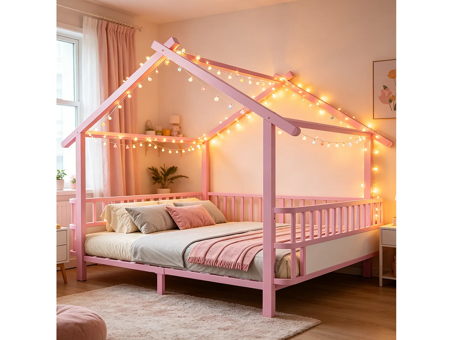 Lit cabane enfant 140 x 200 cm avec barrières de sécurité – Structure métal personnalisable – Rose (Sans matelas)