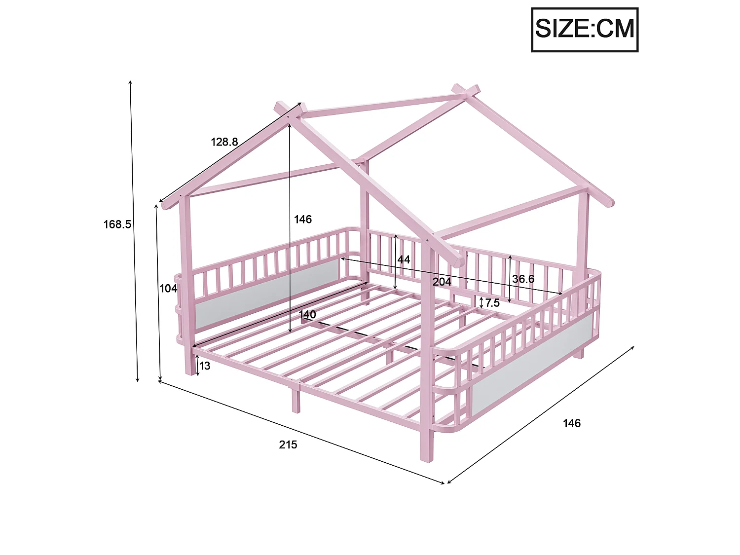 Lit cabane enfant 140 x 200 cm avec barrières de sécurité – Structure métal personnalisable – Rose (Sans matelas)