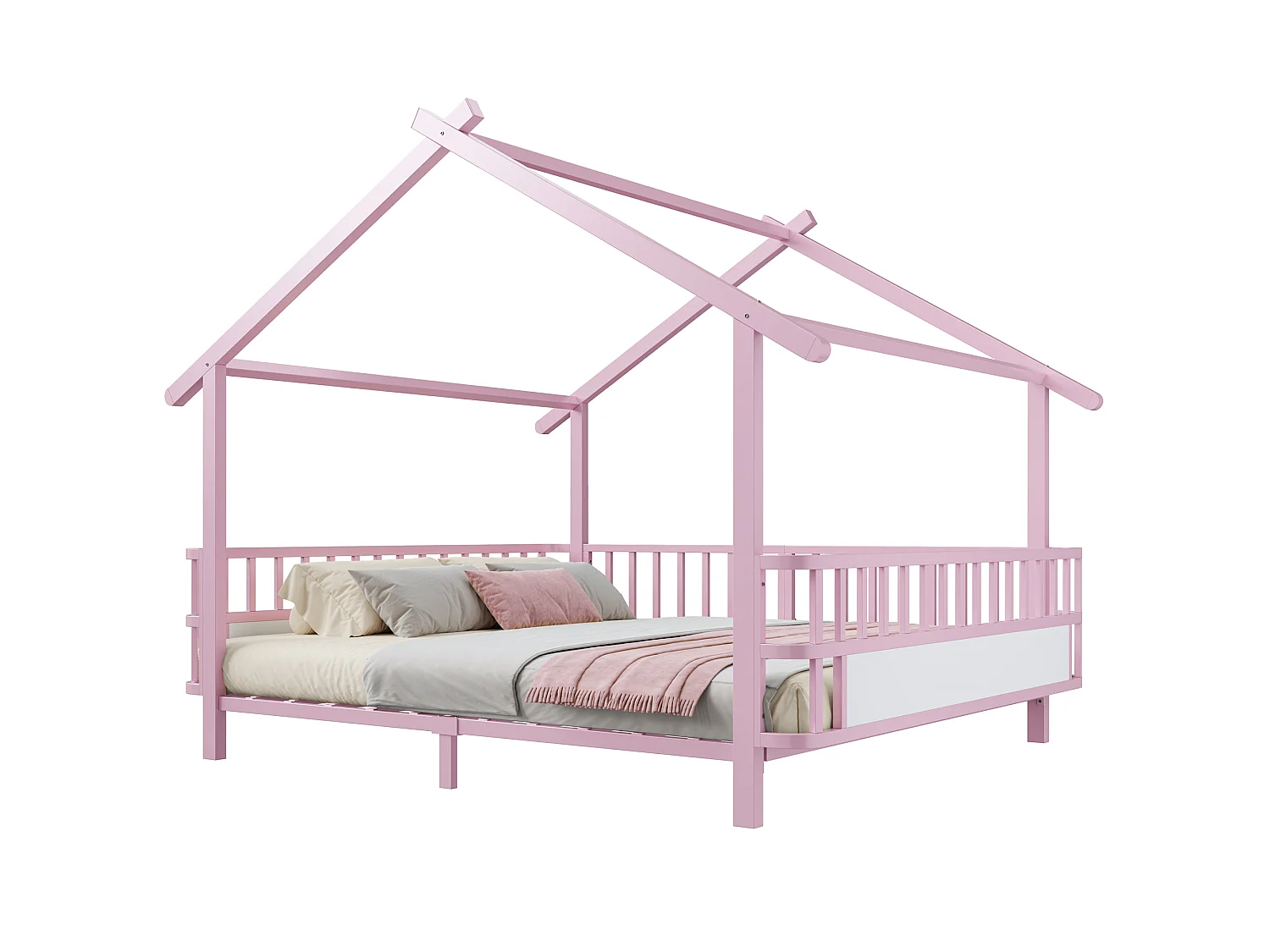 Lit cabane enfant 140 x 200 cm avec barrières de sécurité – Structure métal personnalisable – Rose (Sans matelas)