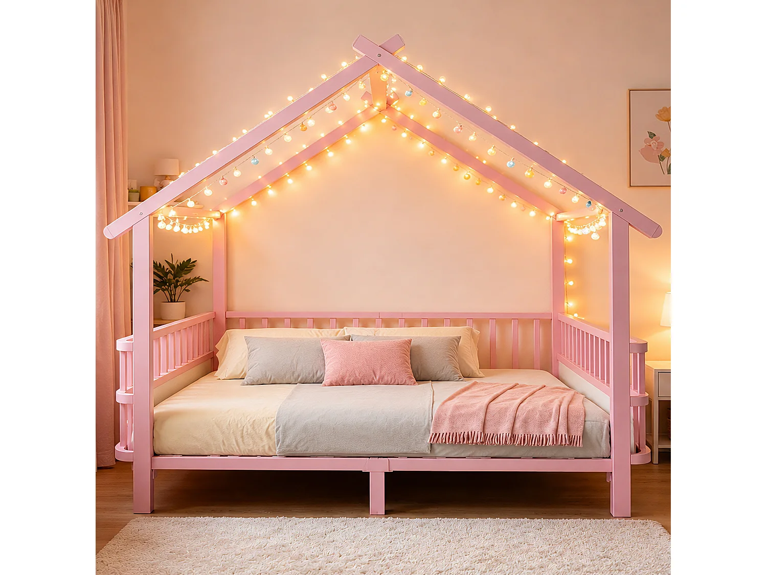 Lit cabane enfant 140 x 200 cm avec barrières de sécurité – Structure métal personnalisable – Rose (Sans matelas)