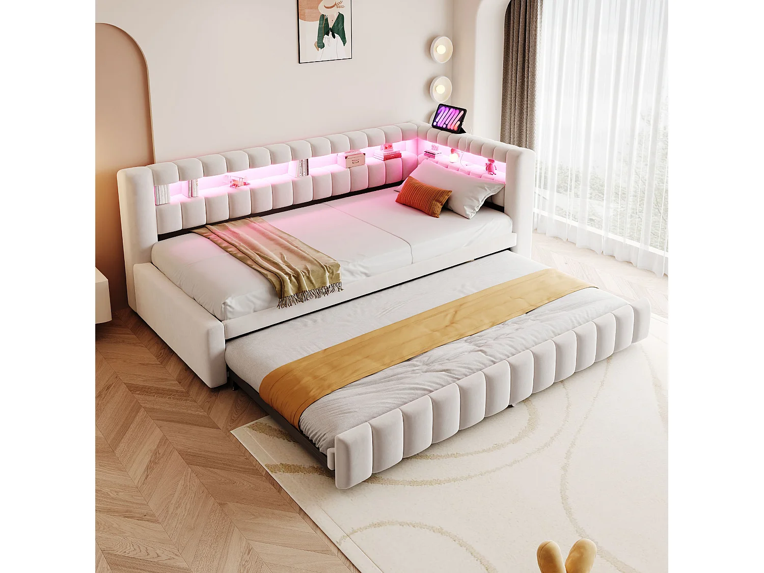 Upholstered trundle bed 90 x 200 cm + 90 x 190 cm with compartments, LED and USB ports - Velvet + metal - Beige (Mattress not included)