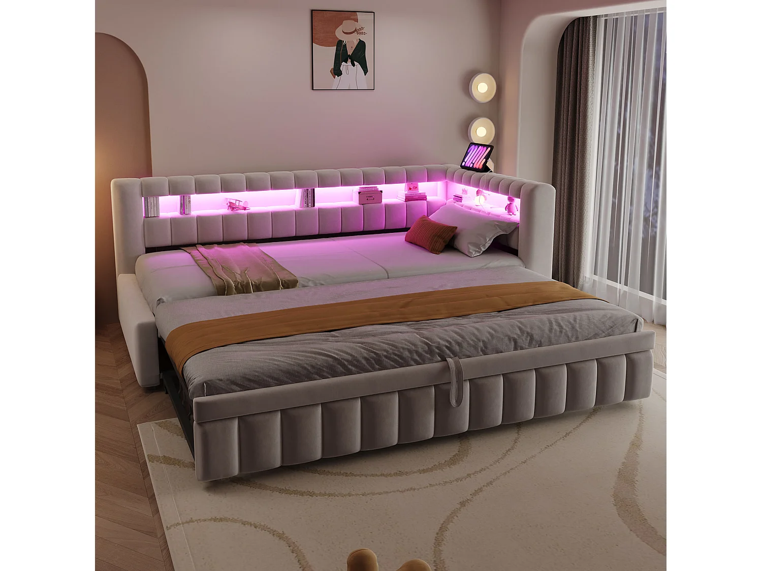 Upholstered trundle bed 90 x 200 cm + 90 x 190 cm with compartments, LED and USB ports - Velvet + metal - Beige (Mattress not included)