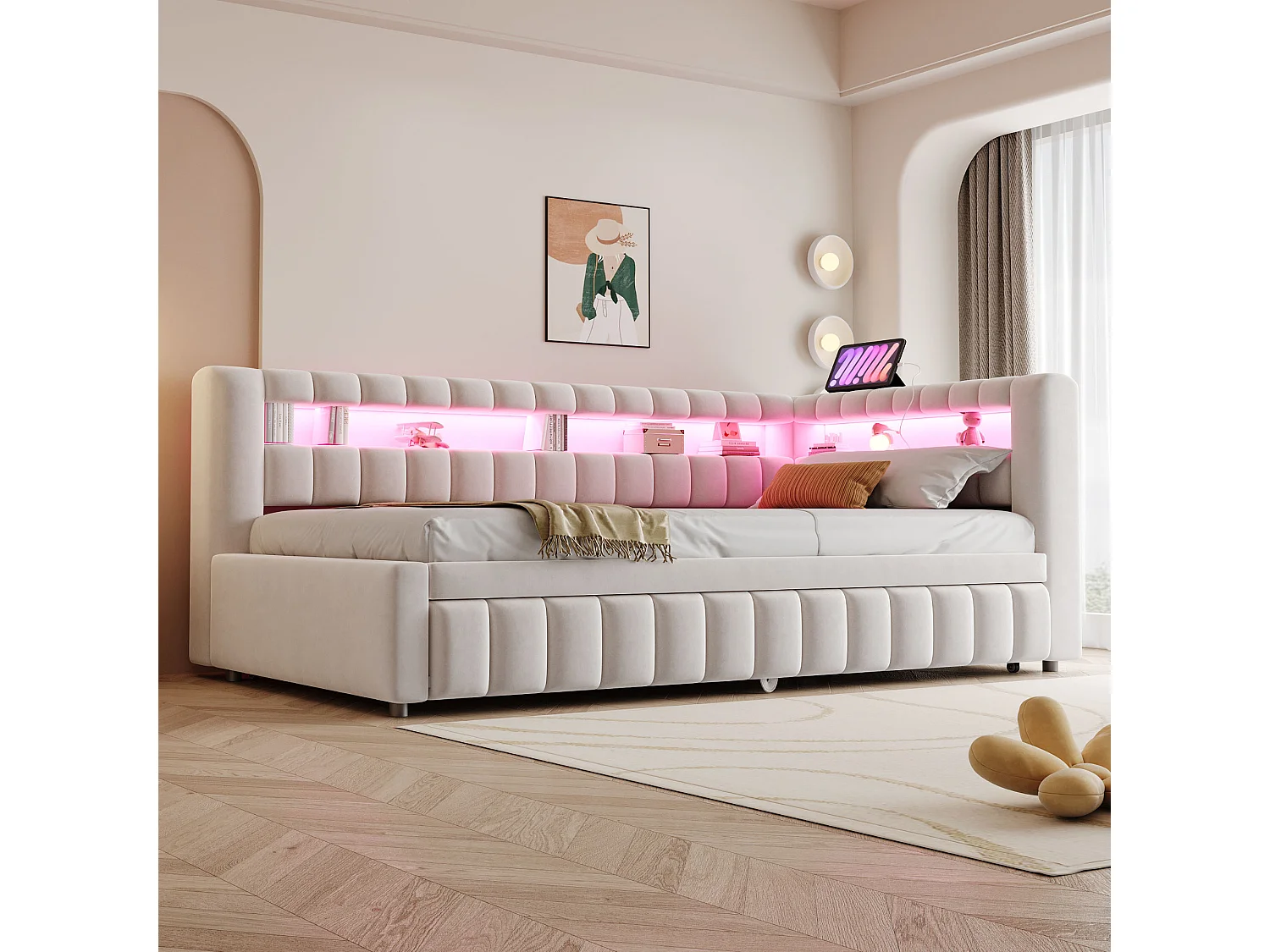Upholstered trundle bed 90 x 200 cm + 90 x 190 cm with compartments, LED and USB ports - Velvet + metal - Beige (Mattress not included)