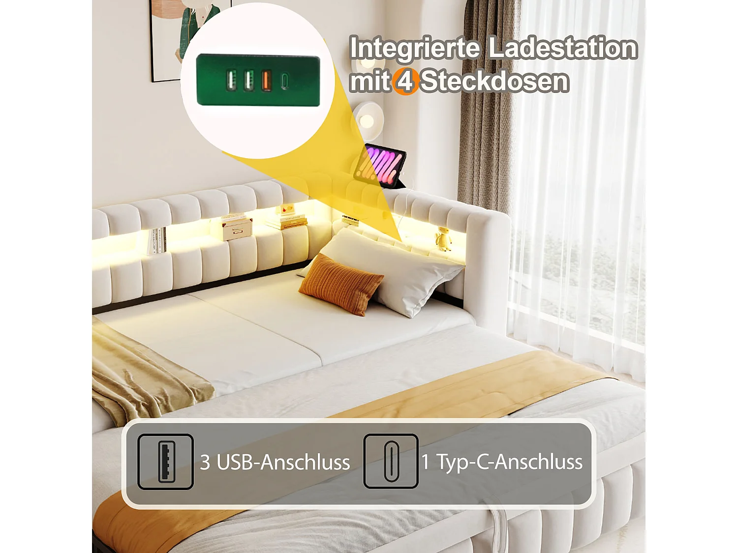 Upholstered trundle bed 90 x 200 cm + 90 x 190 cm with compartments, LED and USB ports - Velvet + metal - Beige (Mattress not included)