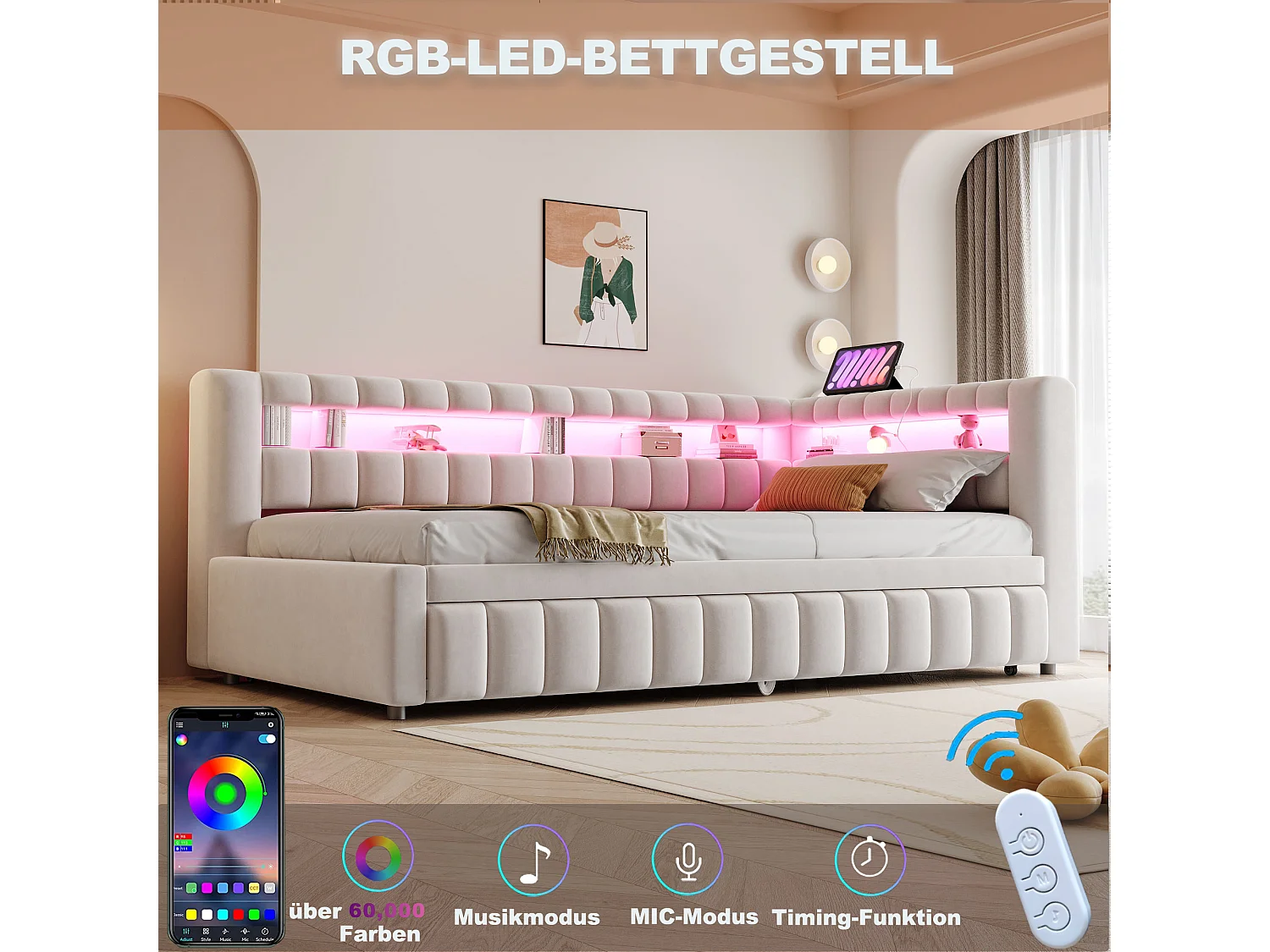 Upholstered trundle bed 90 x 200 cm + 90 x 190 cm with compartments, LED and USB ports - Velvet + metal - Beige (Mattress not included)